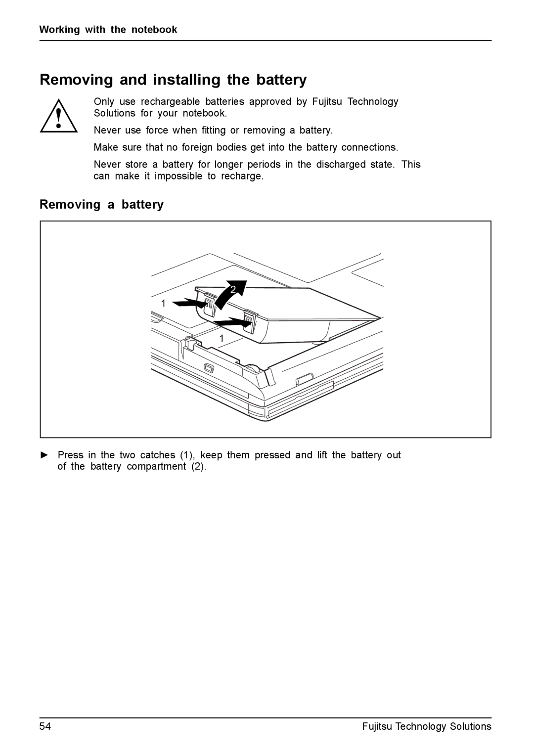 Fujitsu T4410, T4310 manual Removing and installing the battery, Removing a battery 