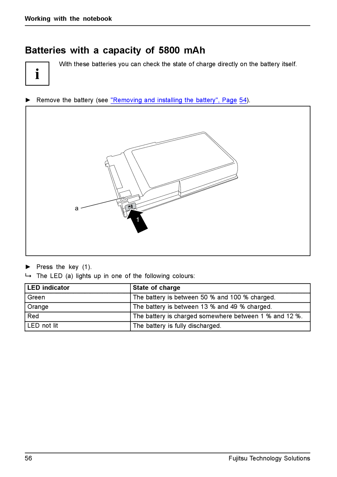 Fujitsu T4410, T4310 manual Batteries with a capacity of 5800 mAh, LED indicator State of charge 