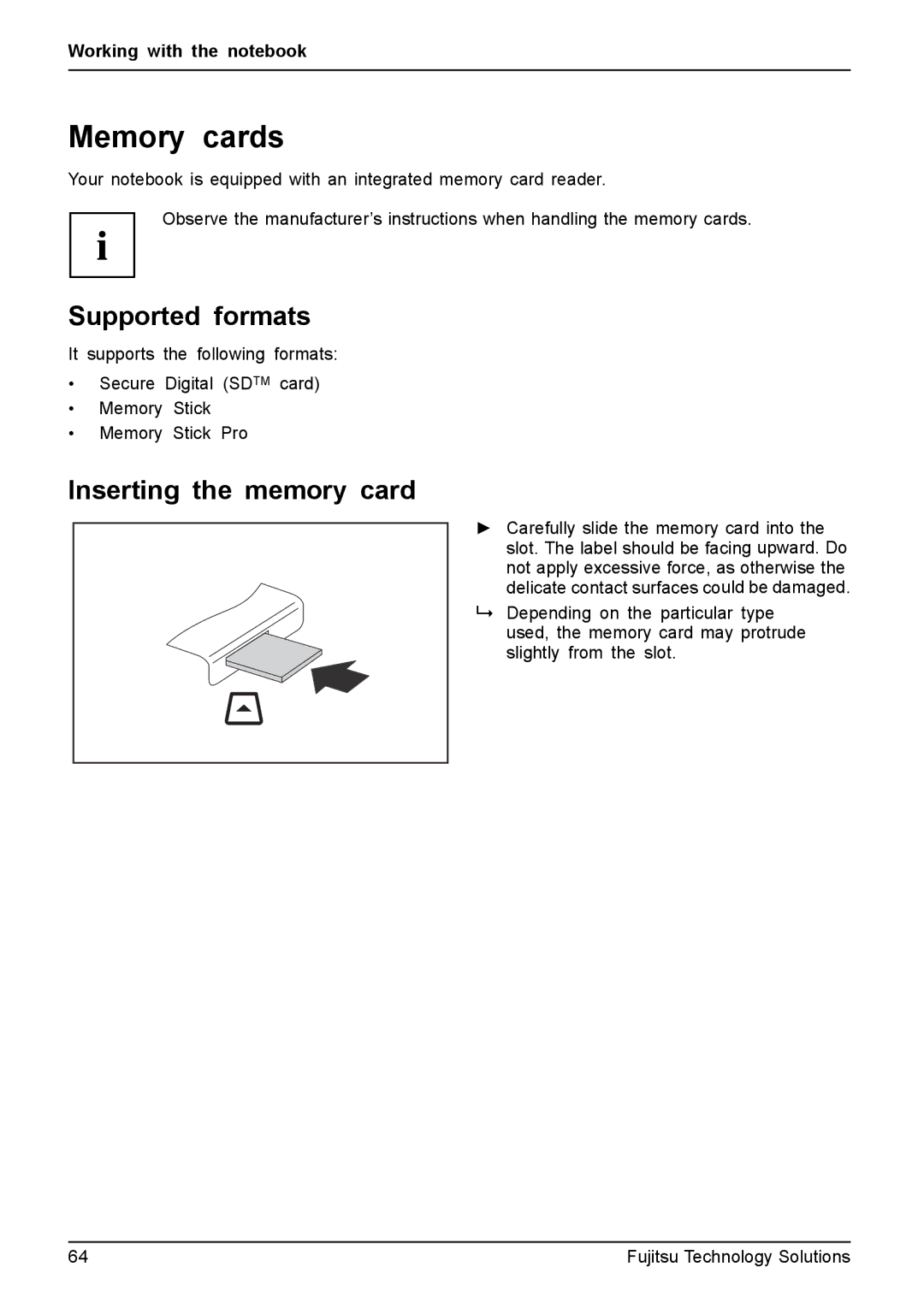 Fujitsu T4410, T4310 manual Memory cards, Supported formats, Inserting the memory card 