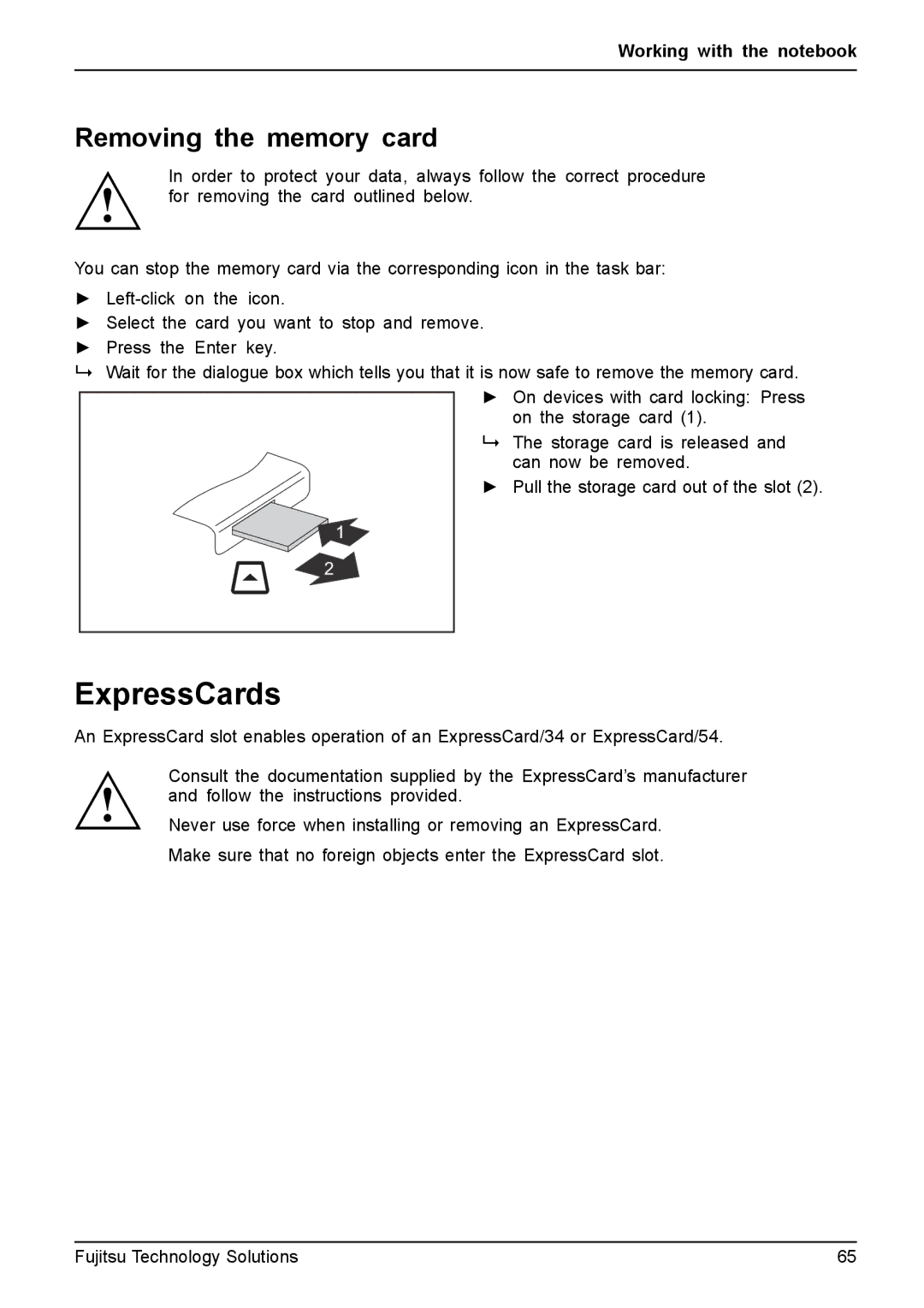 Fujitsu T4310, T4410 manual ExpressCards, Removing the memory card 