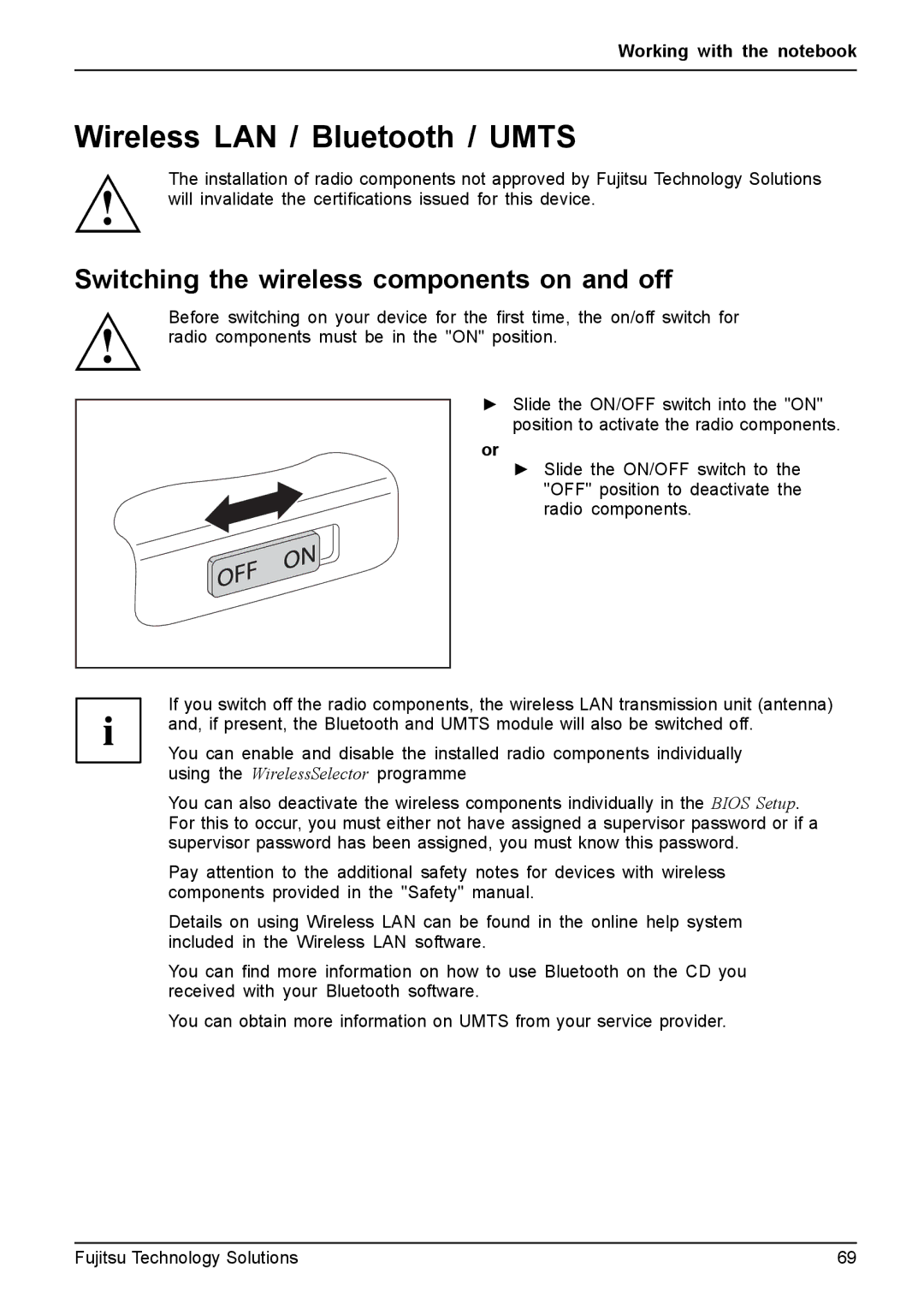 Fujitsu T4310, T4410 manual Wireless LAN / Bluetooth / Umts, Switching the wireless components on and off 