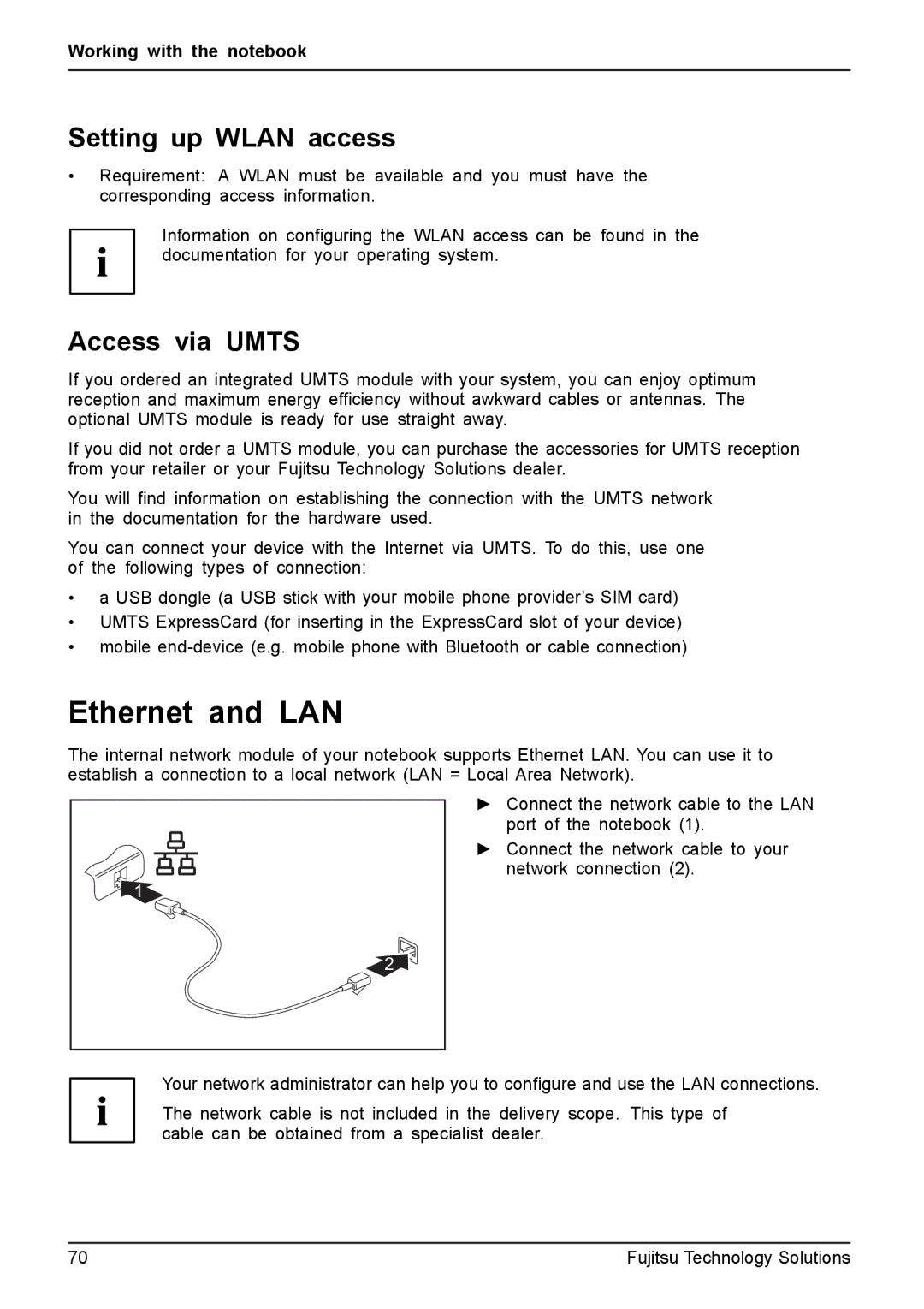 Fujitsu T4410, T4310 manual Ethernet and LAN, Setting up Wlan access, Access via Umts 