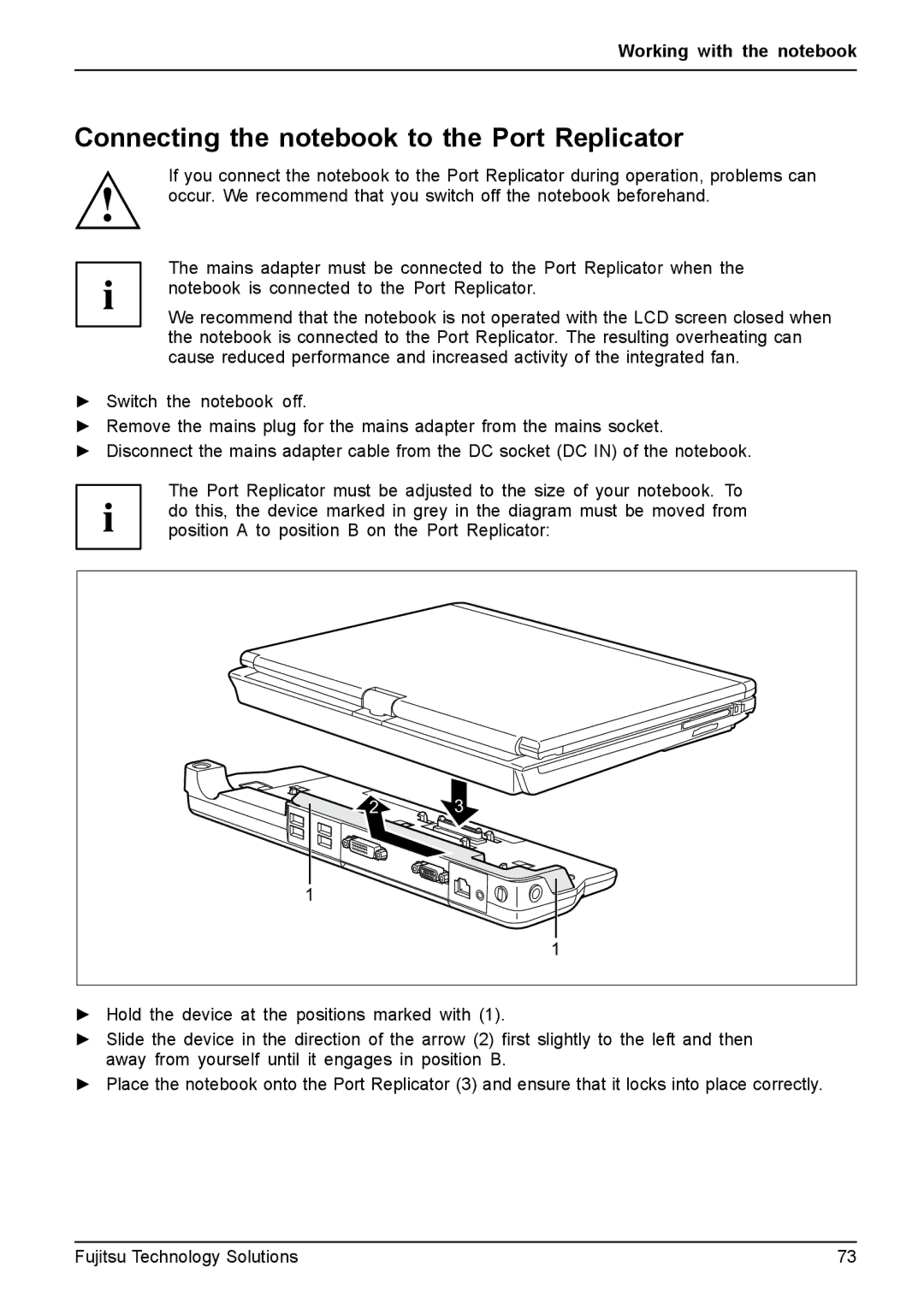 Fujitsu T4310, T4410 manual Connecting the notebook to the Port Replicator 