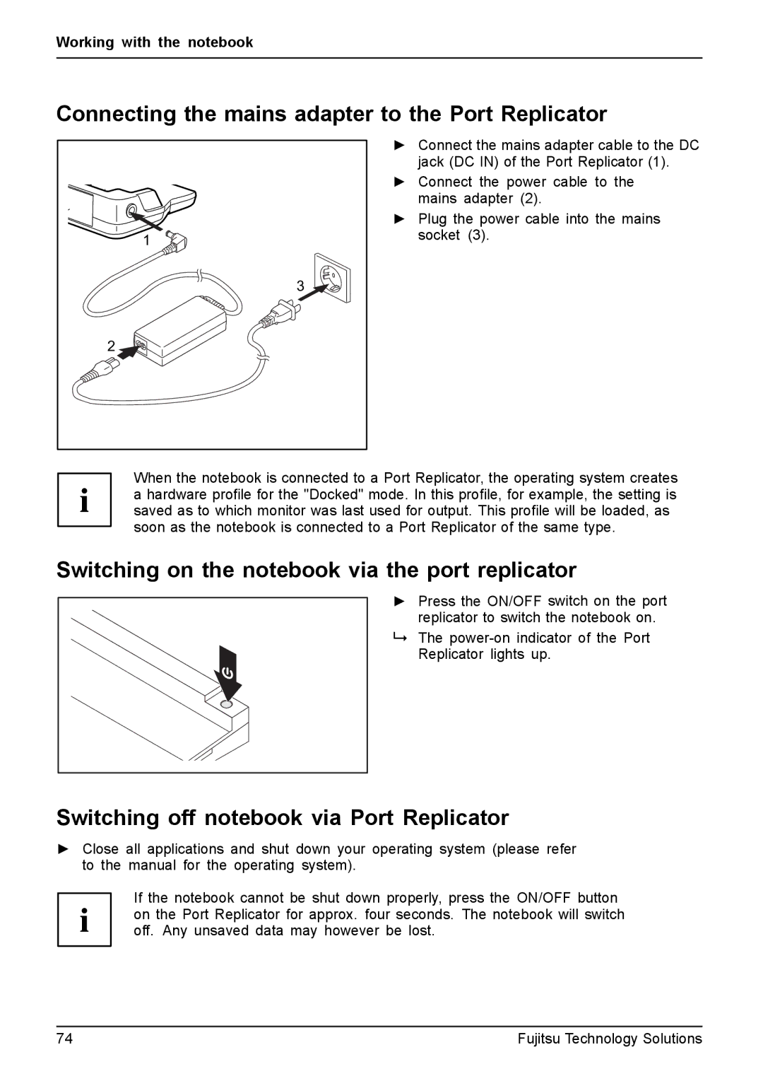 Fujitsu T4410 manual Connecting the mains adapter to the Port Replicator, Switching on the notebook via the port replicator 