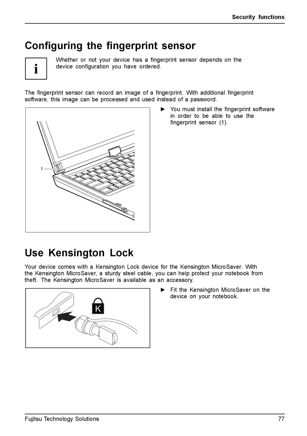 Fujitsu T4310, T4410 manual Conﬁguring the ﬁngerprint sensor, Use Kensington Lock 