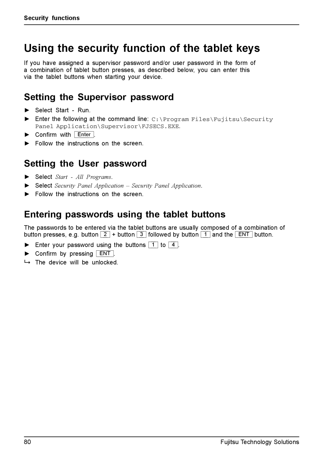 Fujitsu T4410 Using the security function of the tablet keys, Setting the Supervisor password, Setting the User password 