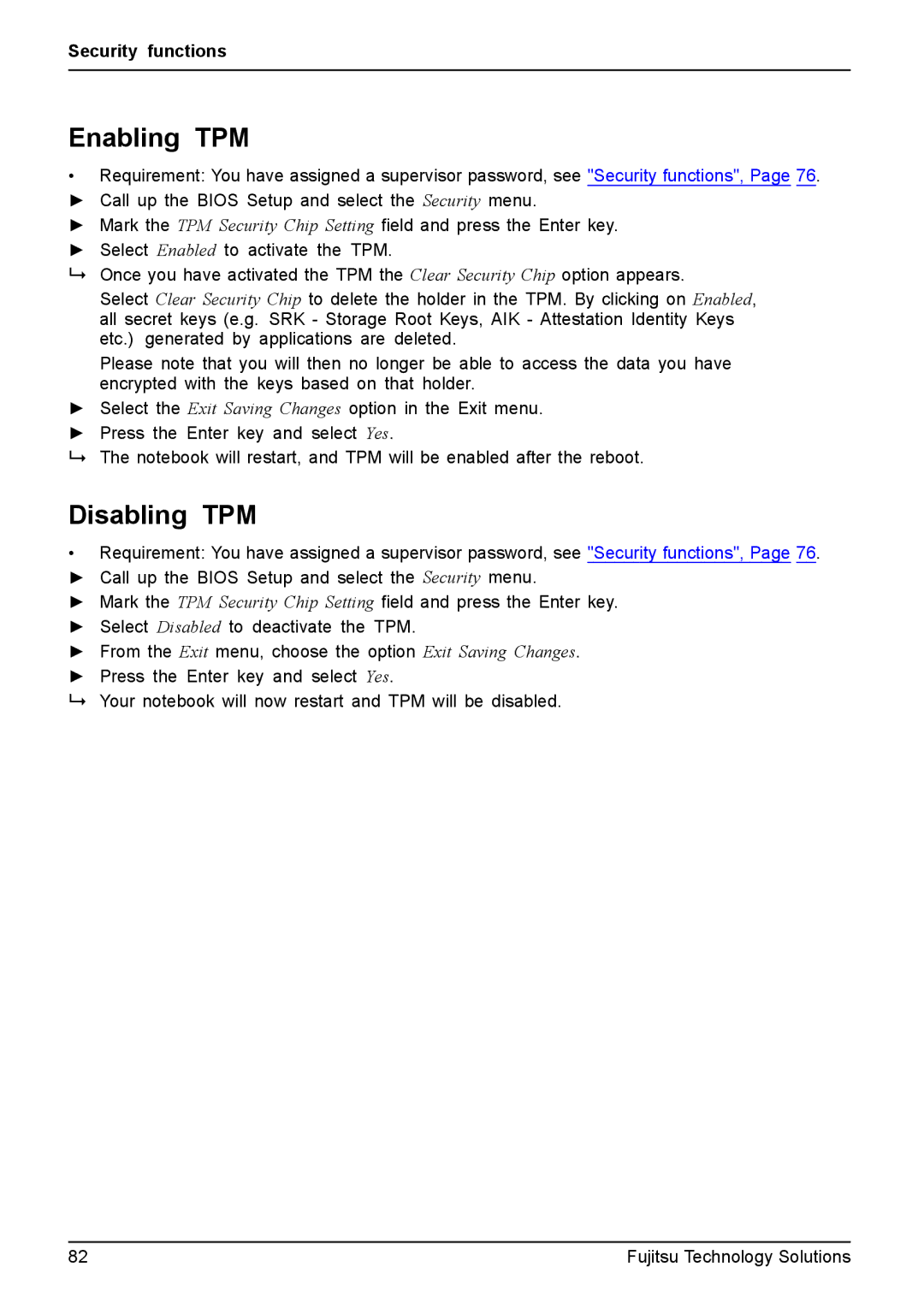 Fujitsu T4410, T4310 manual Enabling TPM, Disabling TPM 