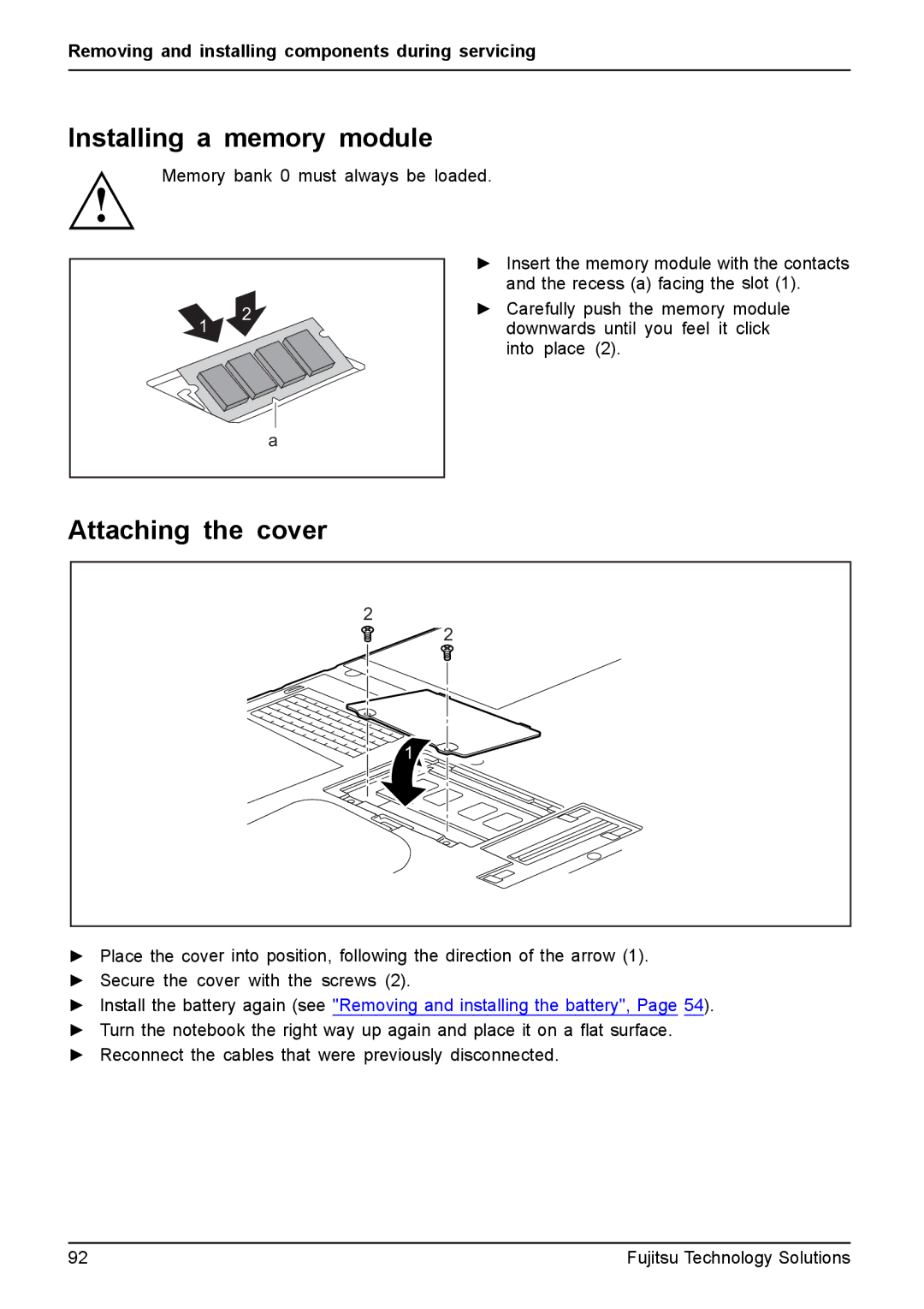 Fujitsu T4410, T4310 manual Installing a memory module, Attaching the cover 