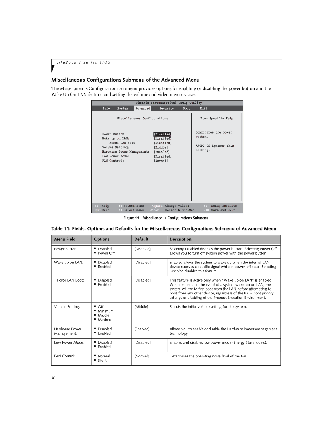 Fujitsu T5010 manual Miscellaneous Configurations Submenu of the Advanced Menu, Power Button Disabled 