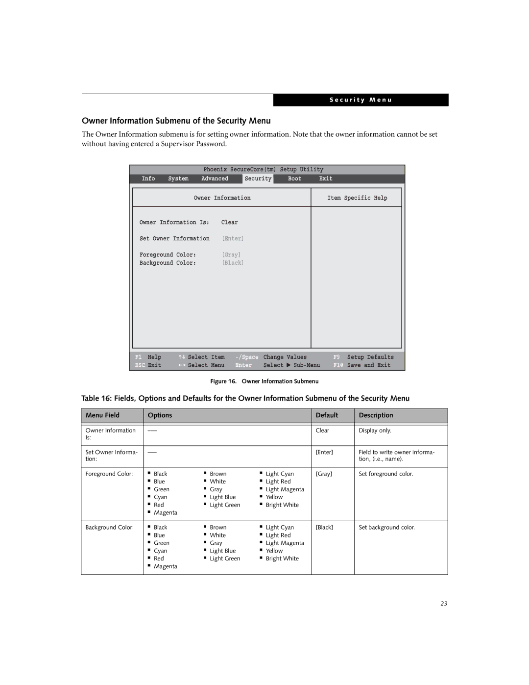 Fujitsu T5010 manual Owner Information Submenu of the Security Menu, Clear 