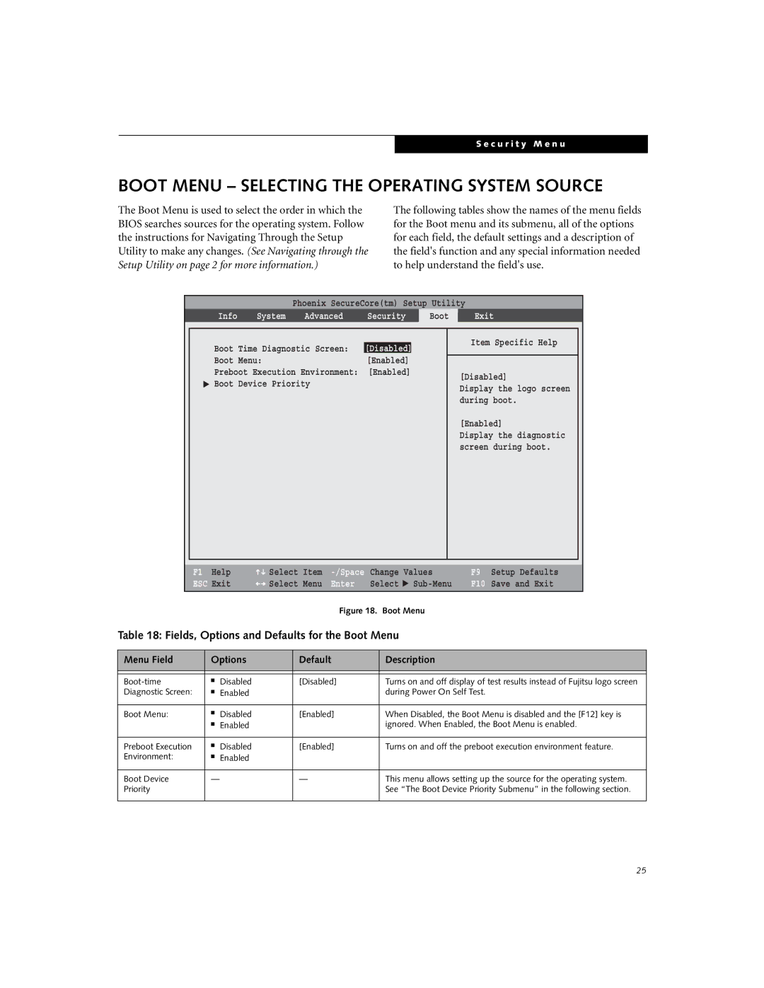 Fujitsu T5010 manual Boot Menu Selecting the Operating System Source, Fields, Options and Defaults for the Boot Menu 