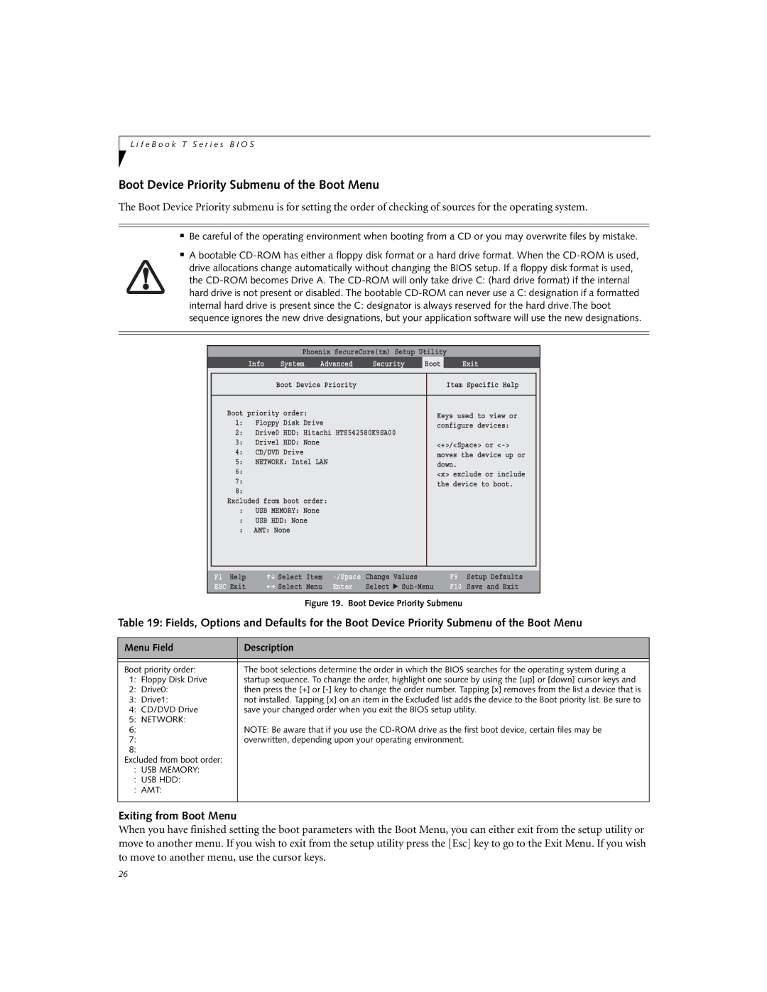 Fujitsu T5010 manual Boot Device Priority Submenu of the Boot Menu, Exiting from Boot Menu 