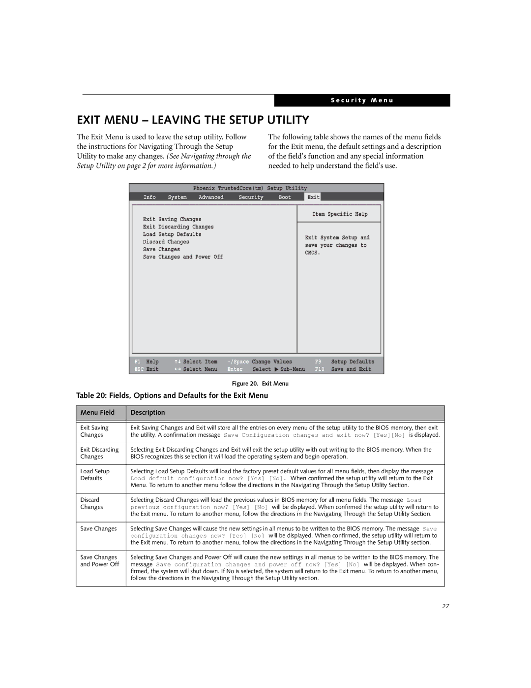 Fujitsu T5010 Exit Menu Leaving the Setup Utility, Fields, Options and Defaults for the Exit Menu, Exit Saving, Changes 