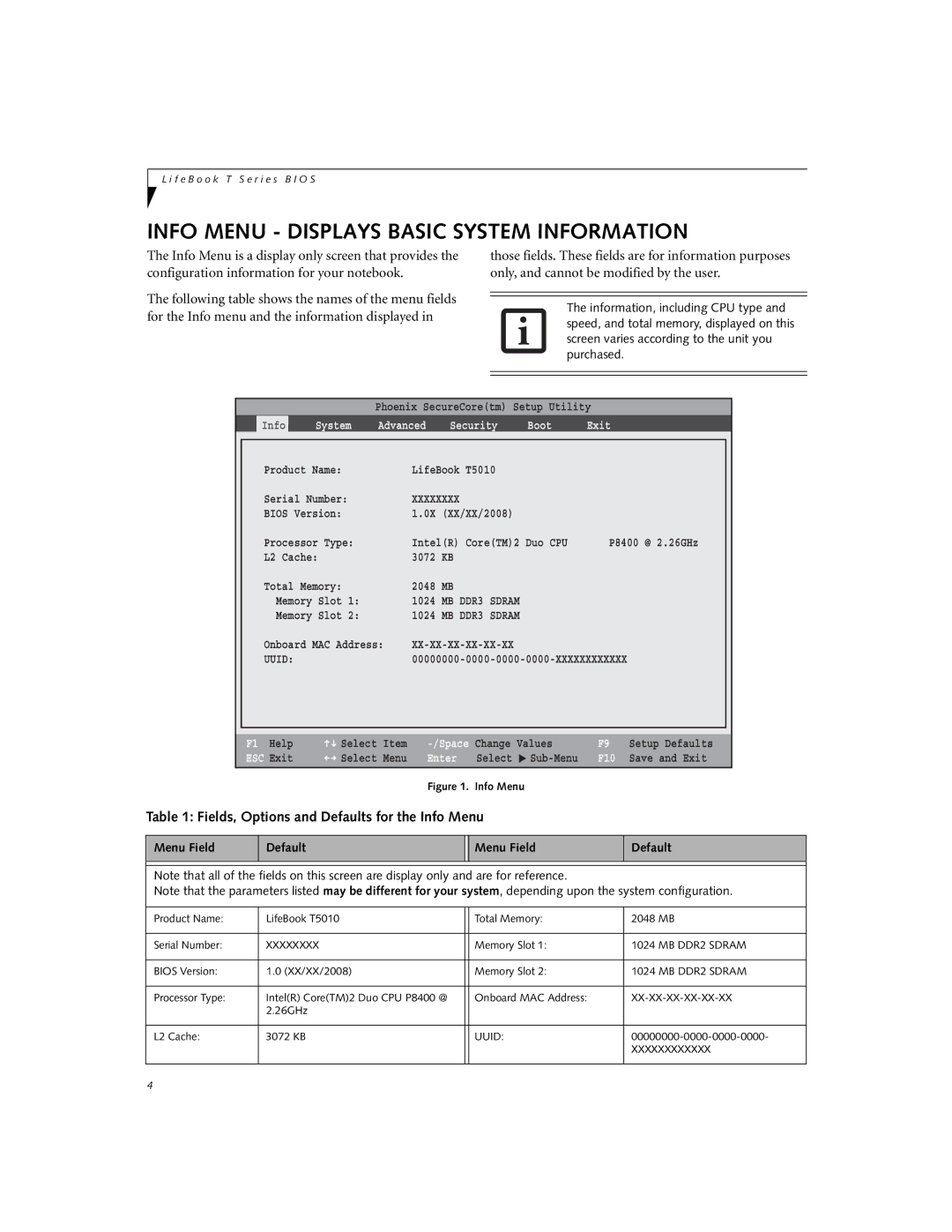 Fujitsu T5010 manual Info Menu Displays Basic System Information, Fields, Options and Defaults for the Info Menu 