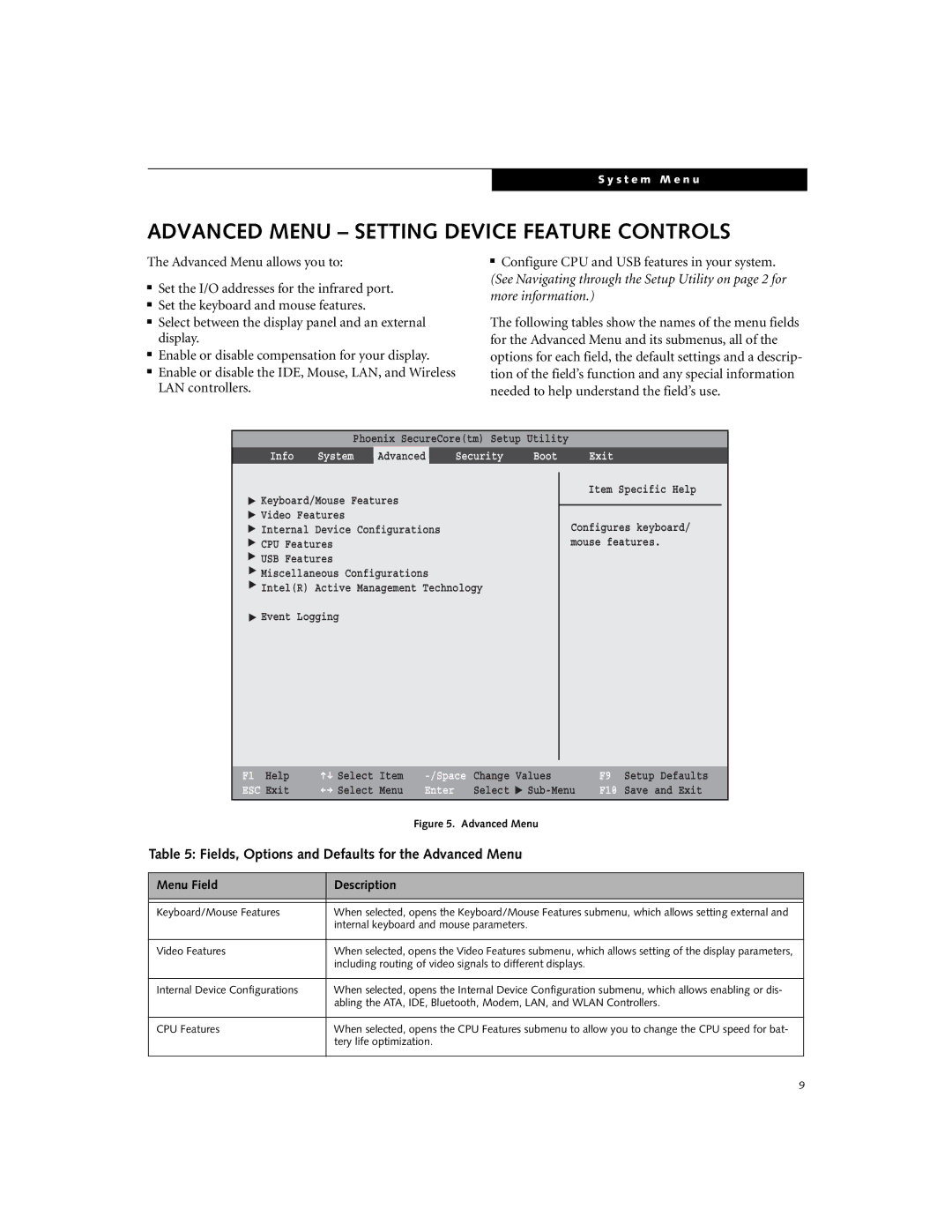 Fujitsu T5010 manual Advanced Menu Setting Device Feature Controls, Fields, Options and Defaults for the Advanced Menu 