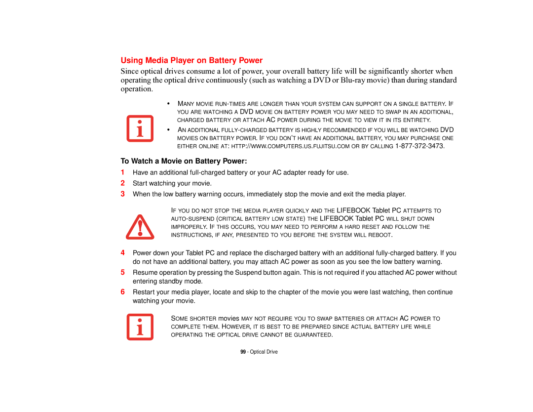 Fujitsu T731 manual Using Media Player on Battery Power, To Watch a Movie on Battery Power 