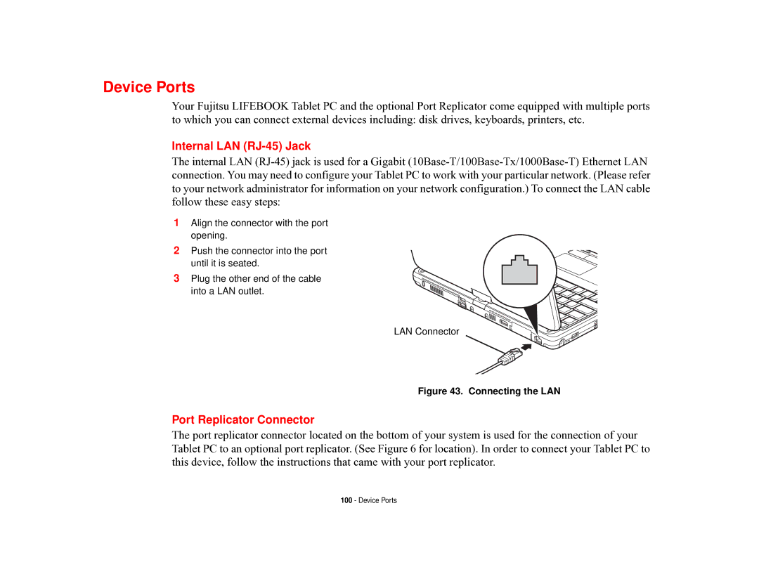 Fujitsu T731 manual Device Ports, Internal LAN RJ-45 Jack, Port Replicator Connector 