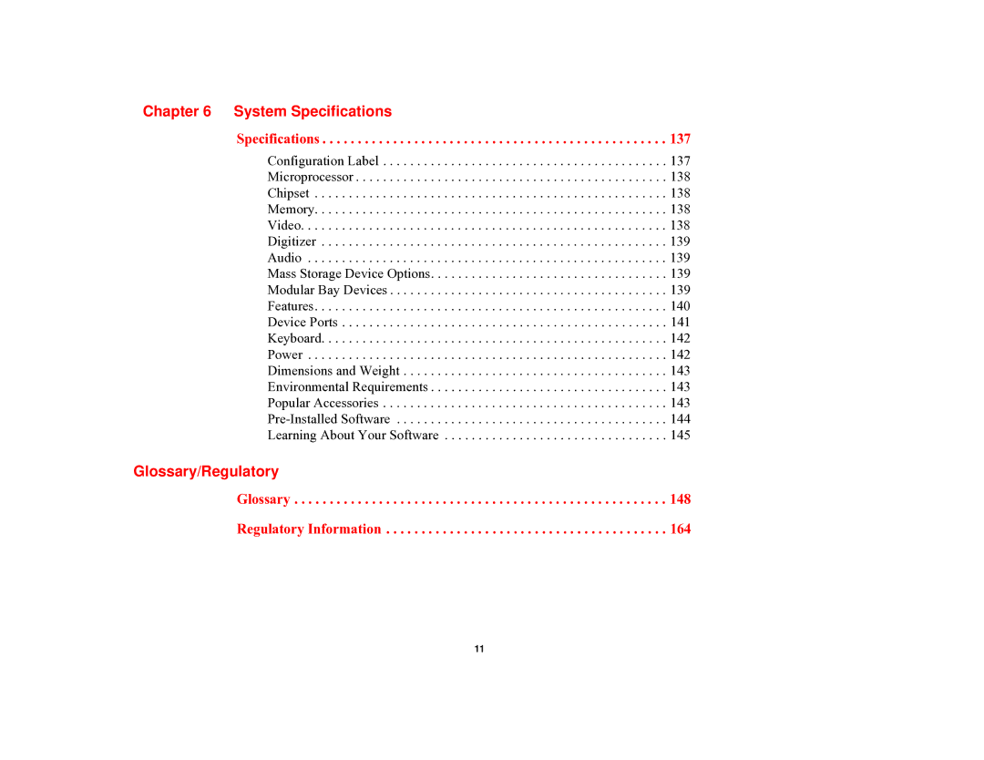 Fujitsu T731 manual System Specifications, Glossary/Regulatory 