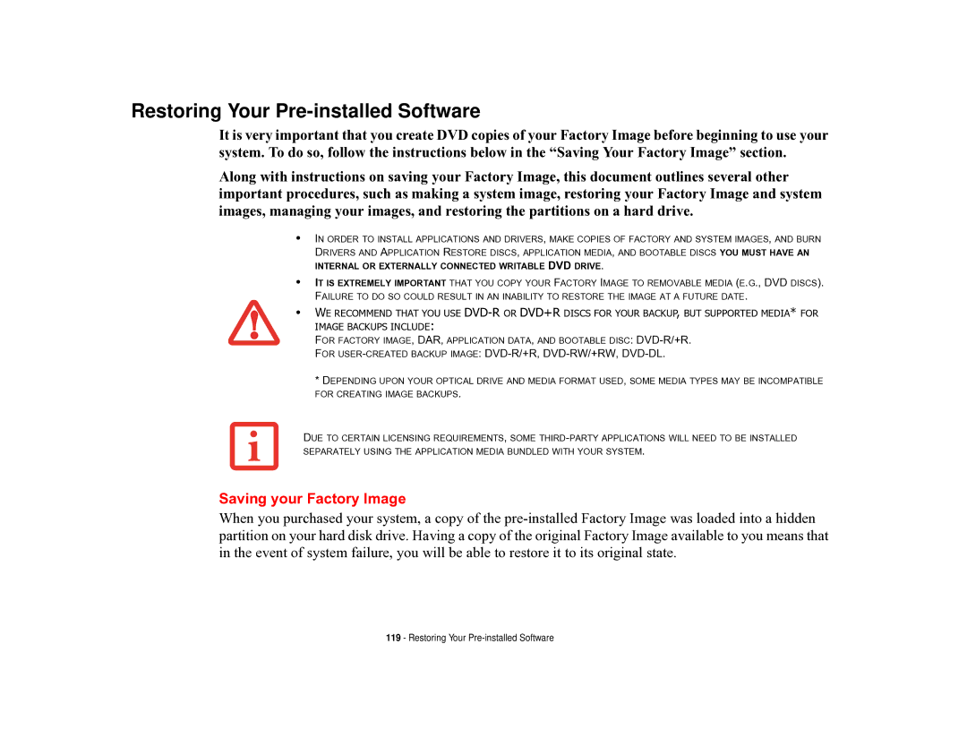 Fujitsu T731 manual Restoring Your Pre-installed Software, Saving your Factory Image 