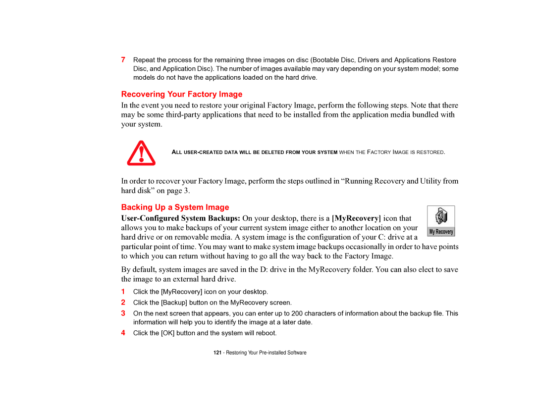 Fujitsu T731 manual Recovering Your Factory Image, Backing Up a System Image 