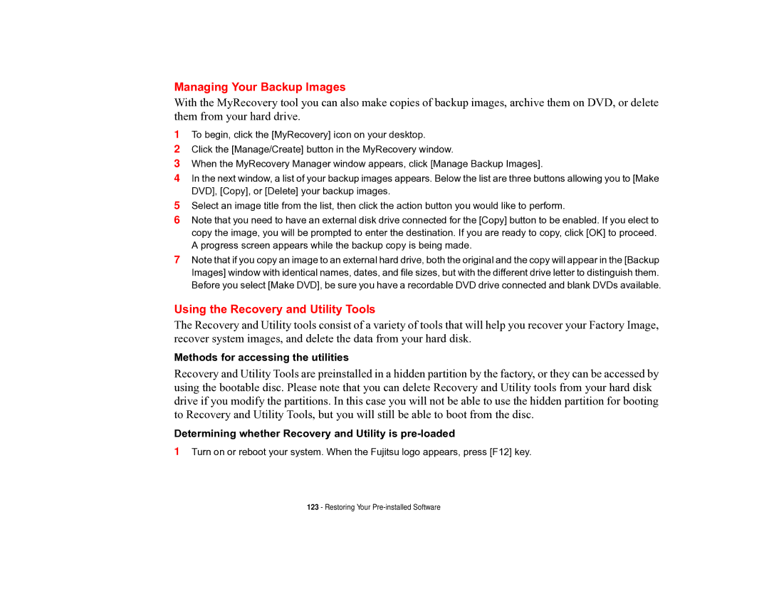 Fujitsu T731 manual Managing Your Backup Images, Using the Recovery and Utility Tools 