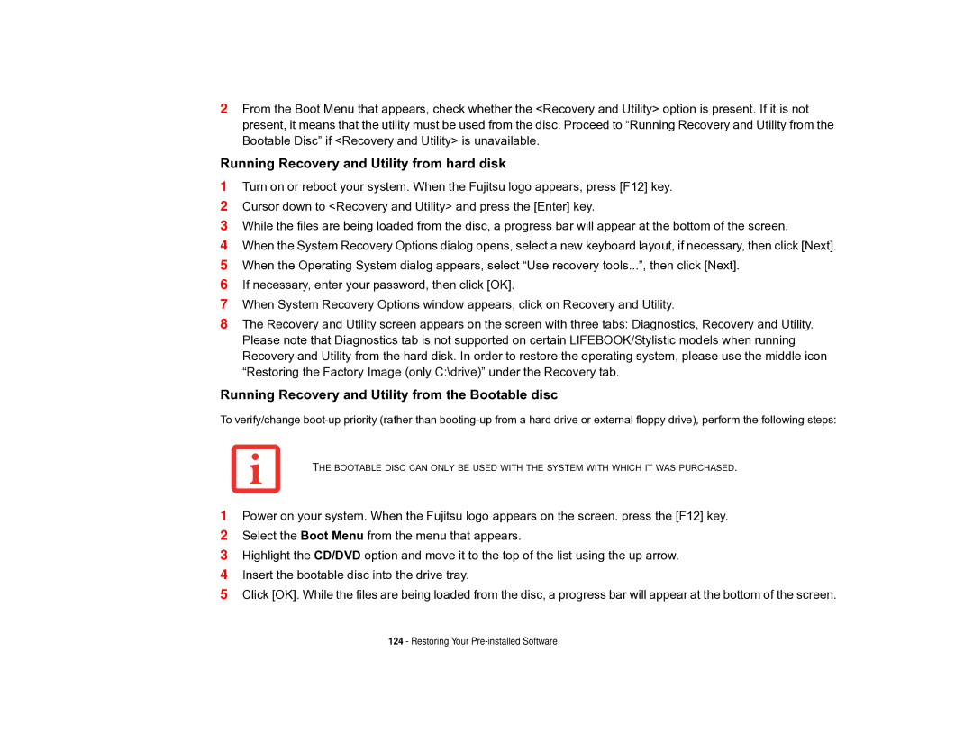 Fujitsu T731 manual Running Recovery and Utility from hard disk 