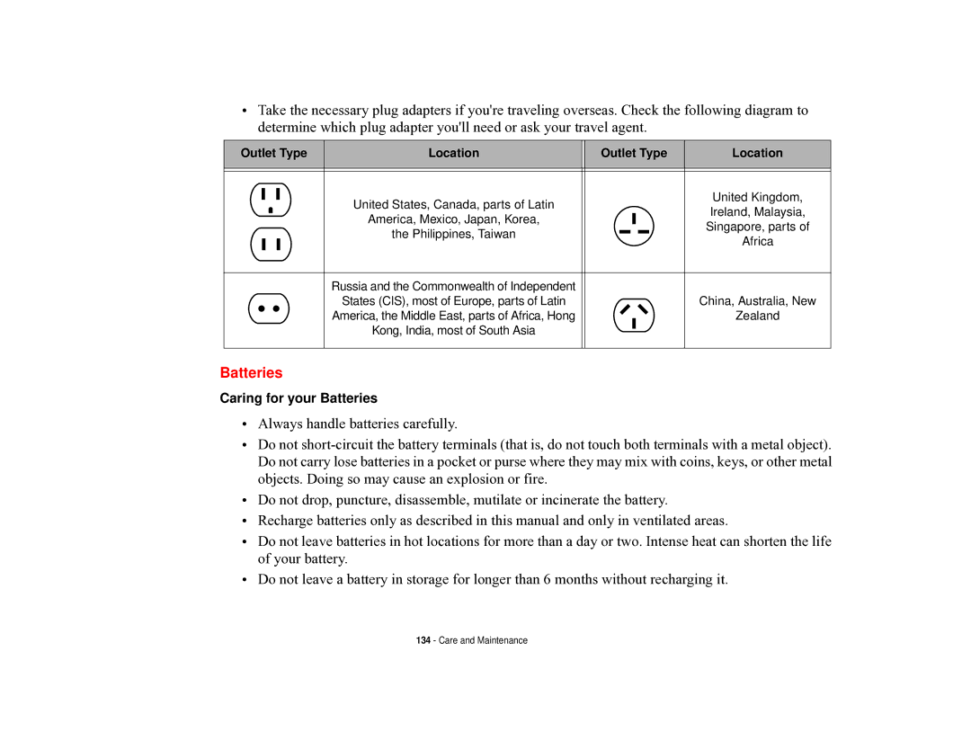 Fujitsu T731 manual Batteries, Outlet Type Location 