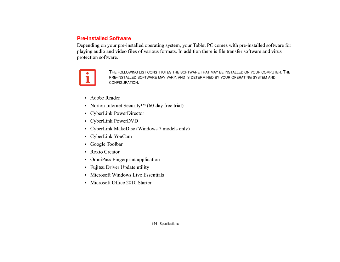 Fujitsu T731 manual Pre-Installed Software 