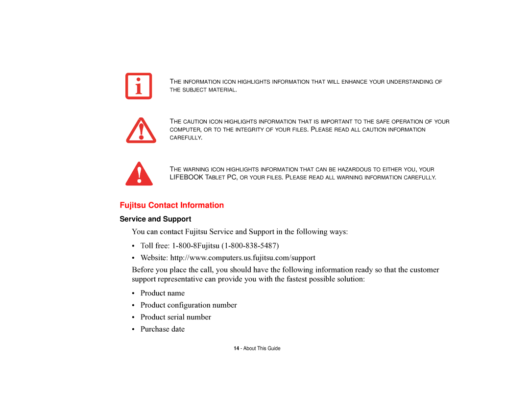 Fujitsu T731 manual Fujitsu Contact Information 