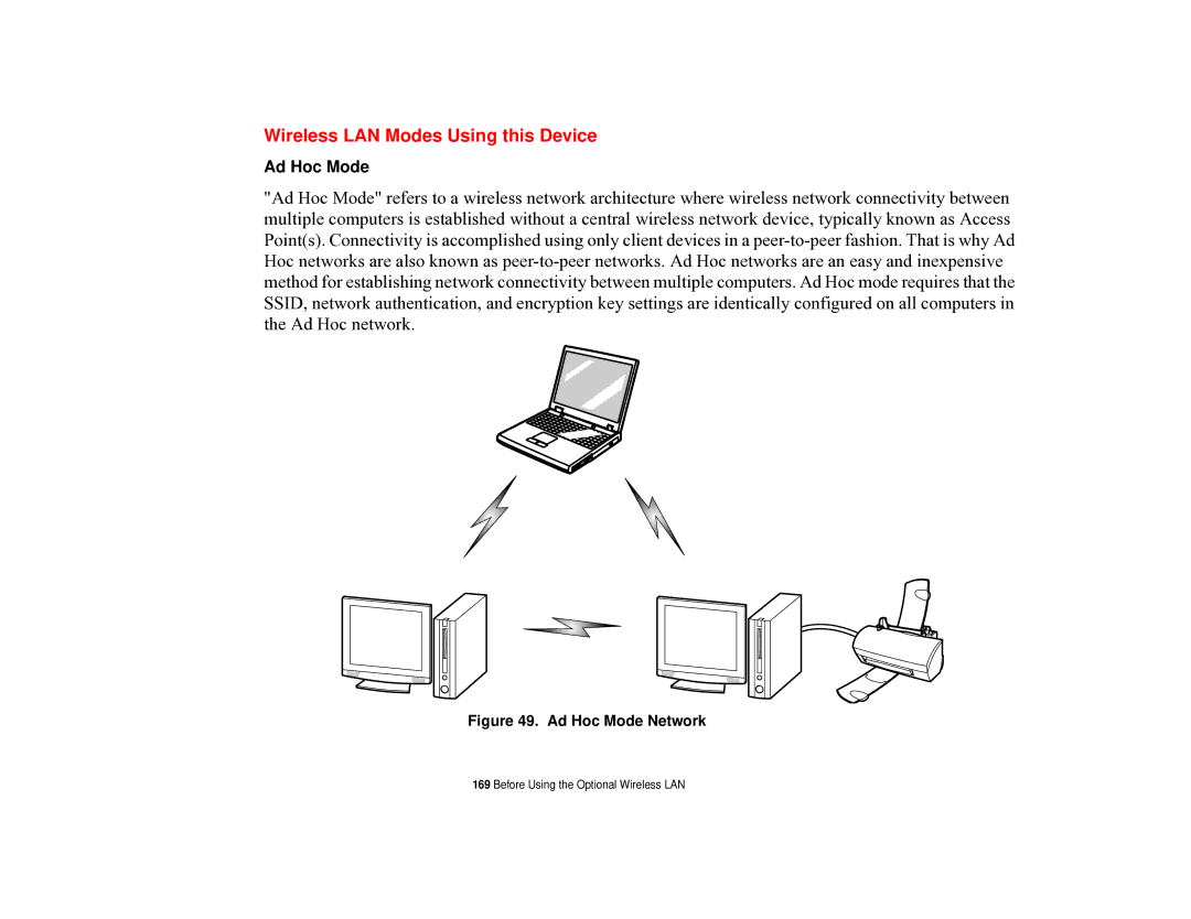 Fujitsu T731 manual Wireless LAN Modes Using this Device, Ad Hoc Mode Network 