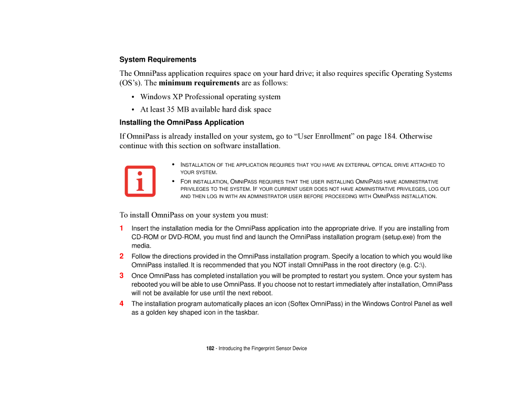 Fujitsu T731 manual To install OmniPass on your system you must 