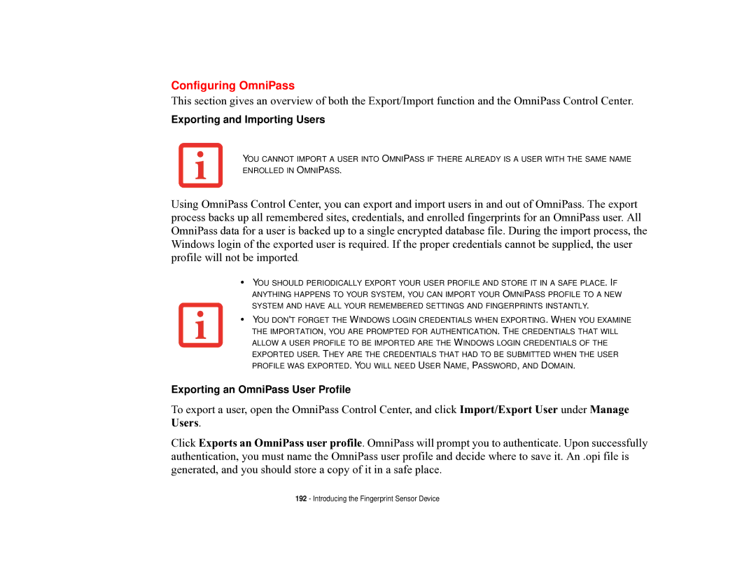 Fujitsu T731 manual Configuring OmniPass, Exporting and Importing Users 