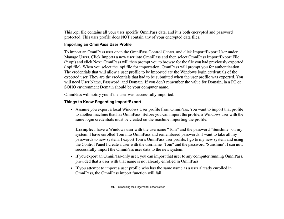 Fujitsu T731 manual Importing an OmniPass User Profile 