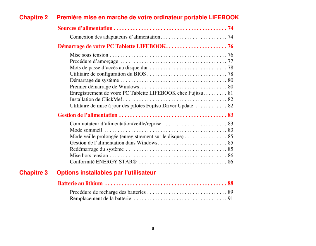 Fujitsu T731 manual Démarrage de votre PC Tablette Lifebook, Chapitre 3 Options installables par l’utilisateur 