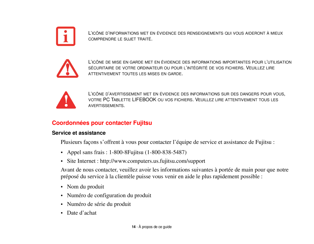 Fujitsu T731 manual Coordonnées pour contacter Fujitsu 