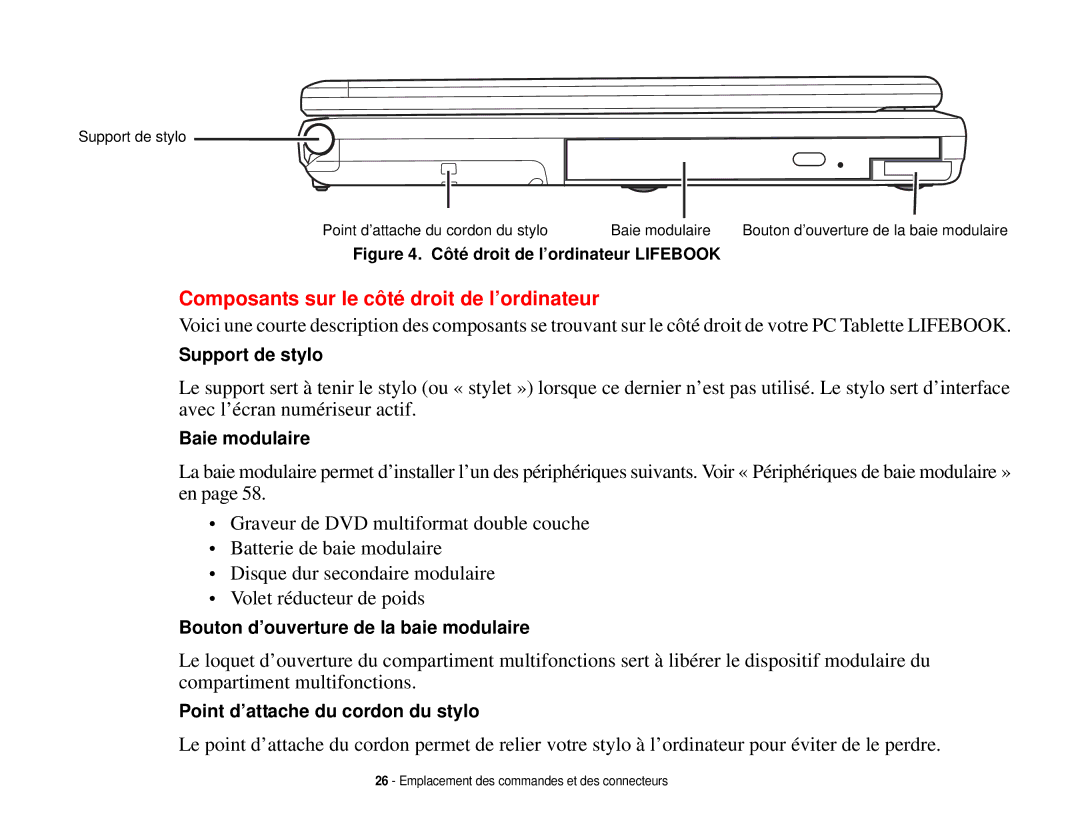 Fujitsu T731 manual Composants sur le côté droit de l’ordinateur, Côté droit de l’ordinateur Lifebook 