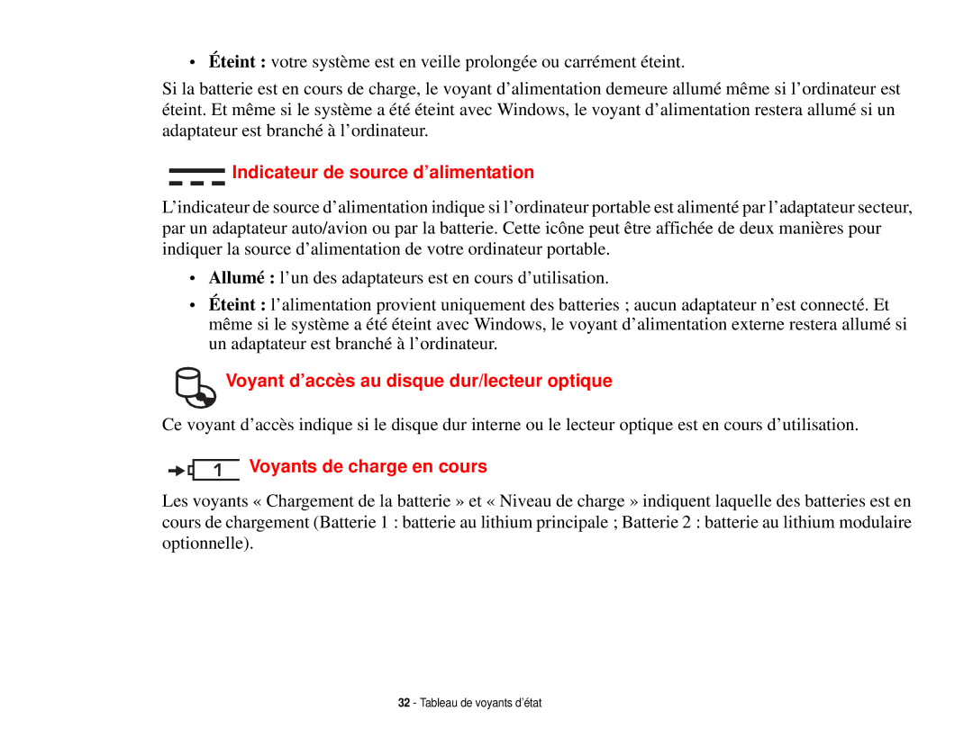 Fujitsu T731 Indicateur de source d’alimentation, Voyant d’accès au disque dur/lecteur optique, Voyants de charge en cours 