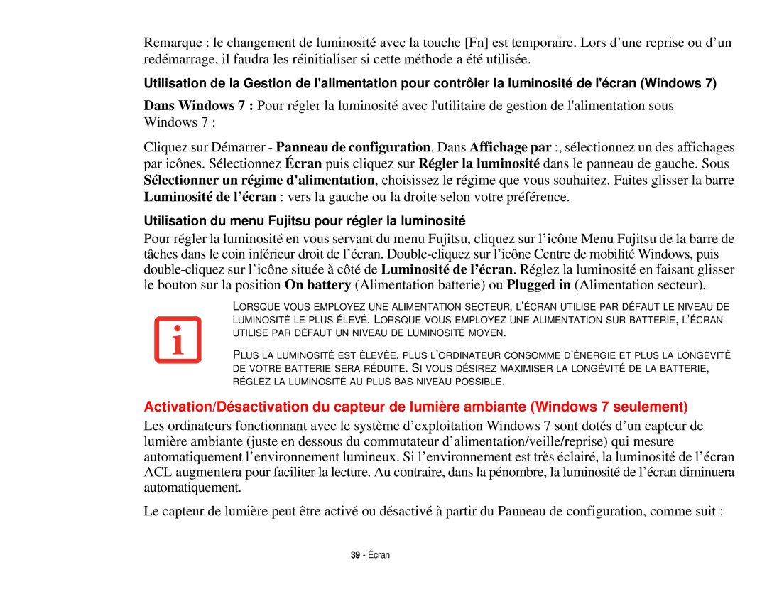 Fujitsu T731 manual Utilisation du menu Fujitsu pour régler la luminosité 