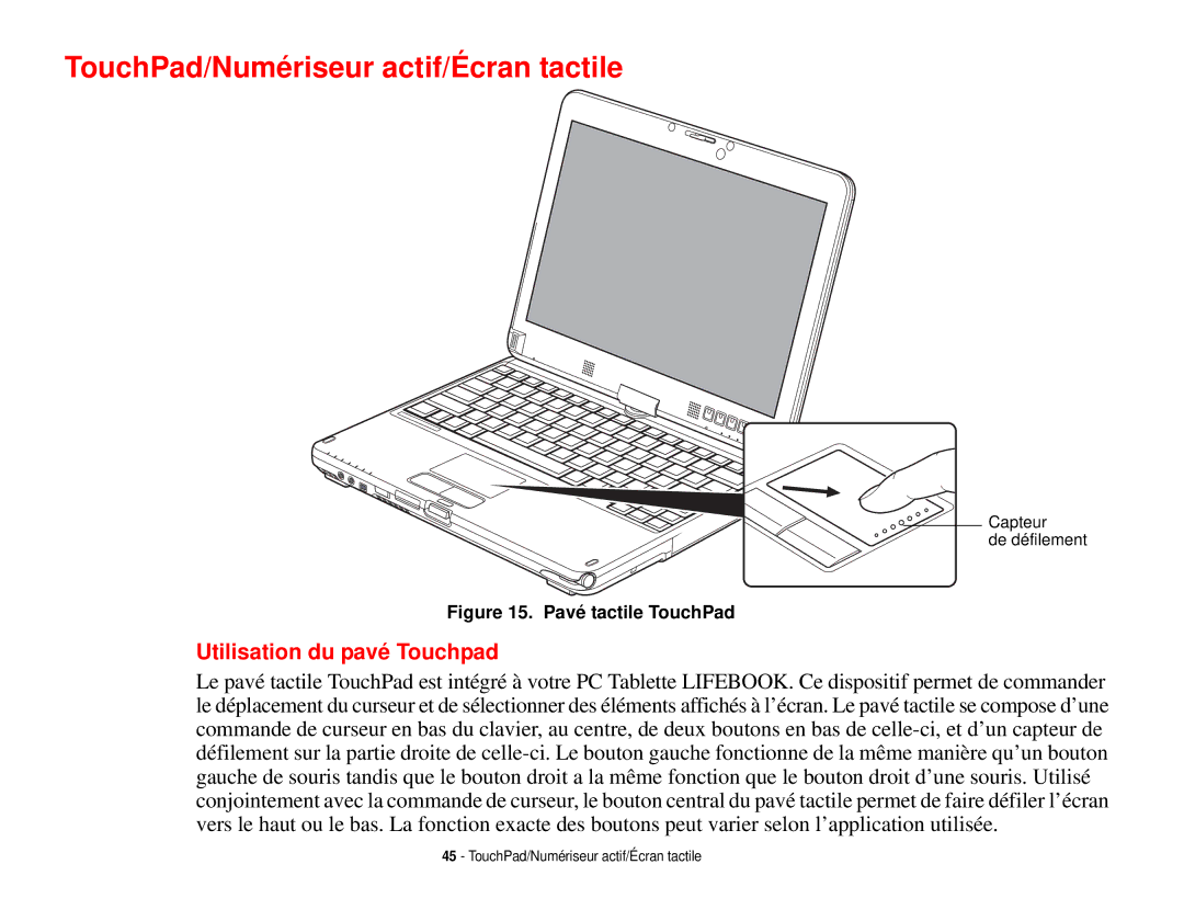 Fujitsu T731 manual TouchPad/Numériseur actif/Écran tactile, Utilisation du pavé Touchpad 