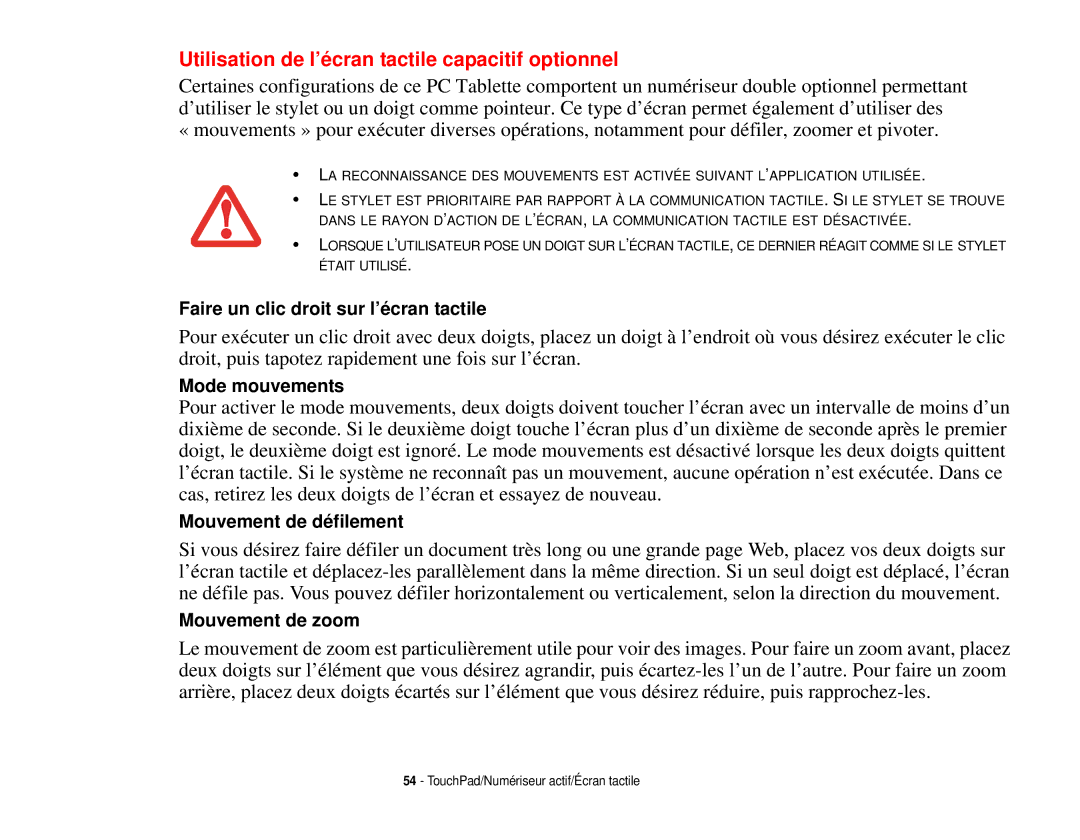 Fujitsu T731 manual Utilisation de l’écran tactile capacitif optionnel 