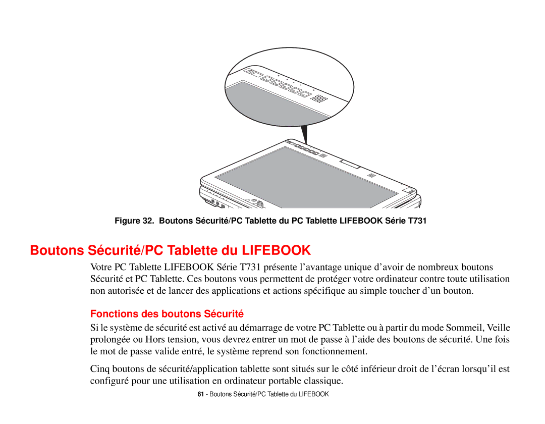 Fujitsu T731 manual Boutons Sécurité/PC Tablette du Lifebook, Fonctions des boutons Sécurité 