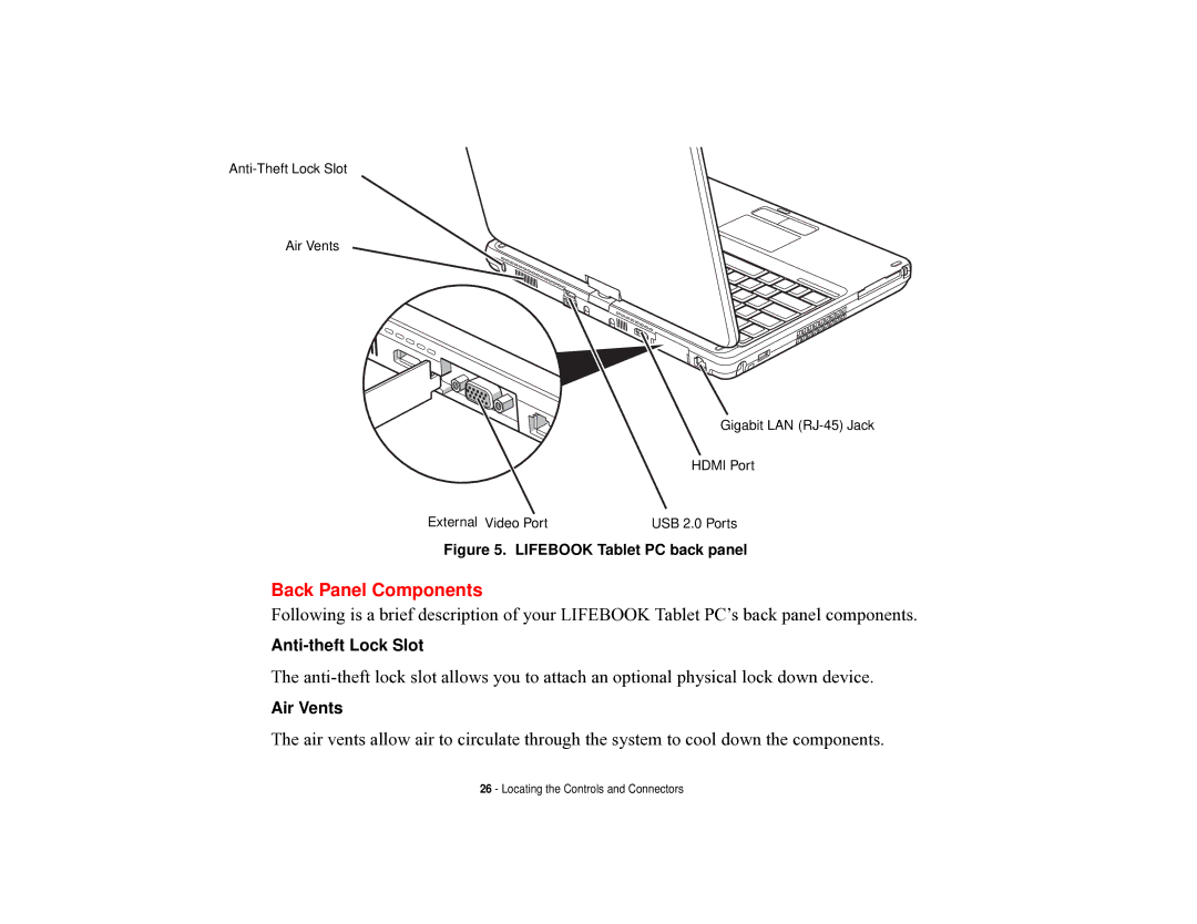 Fujitsu T731 manual Back Panel Components, Lifebook Tablet PC back panel 