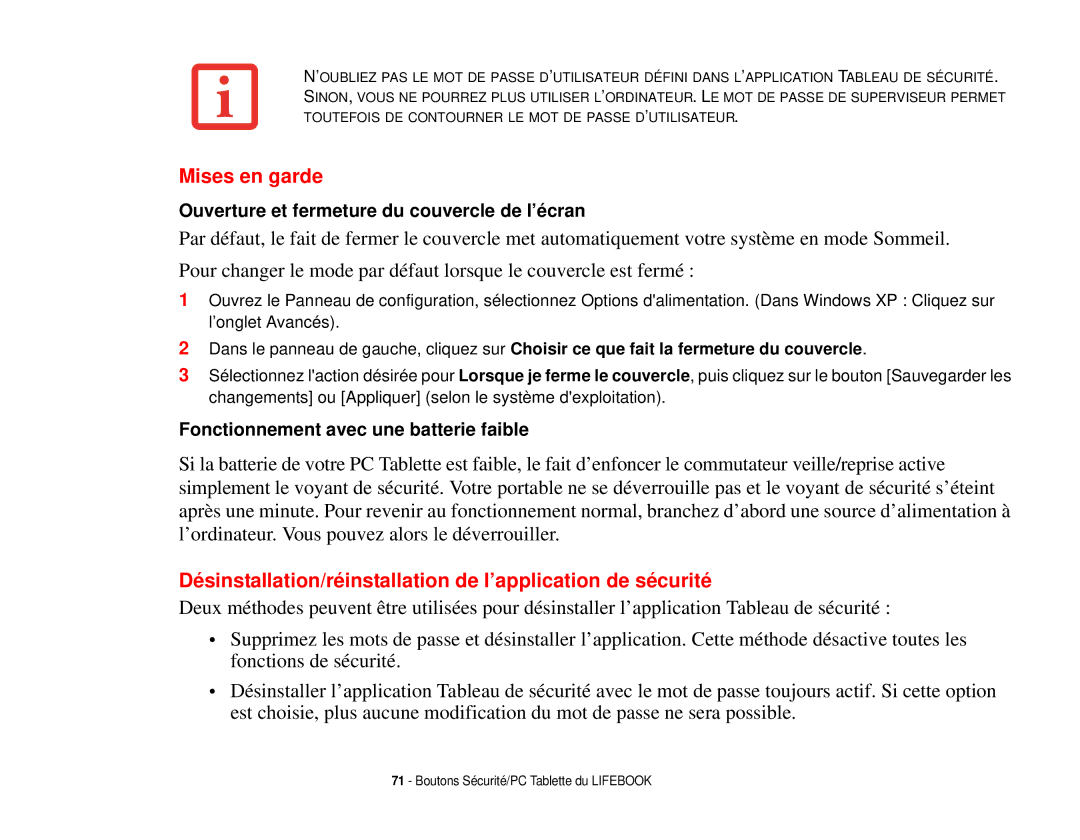 Fujitsu T731 manual Mises en garde, Désinstallation/réinstallation de l’application de sécurité 