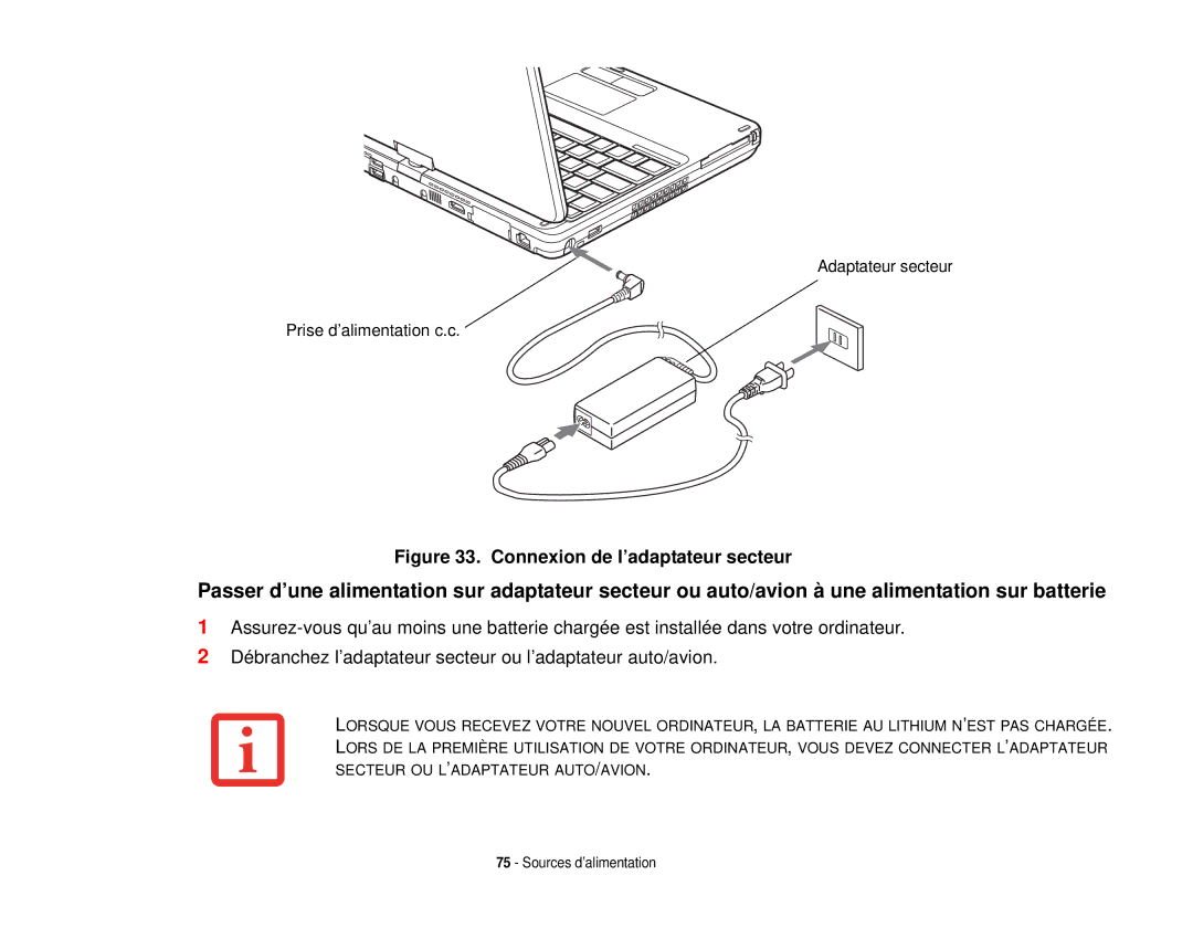 Fujitsu T731 manual Connexion de l’adaptateur secteur 