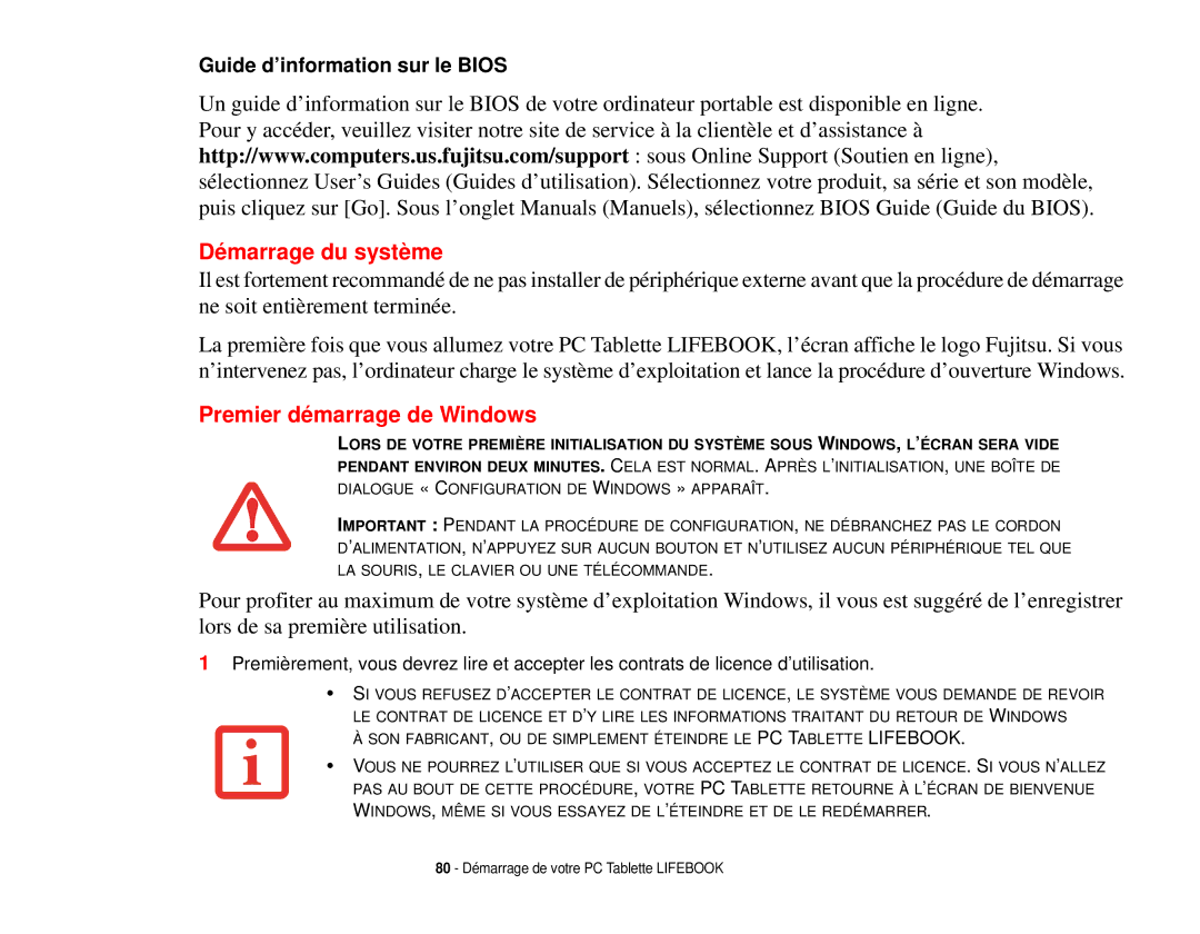 Fujitsu T731 manual Démarrage du système, Premier démarrage de Windows 