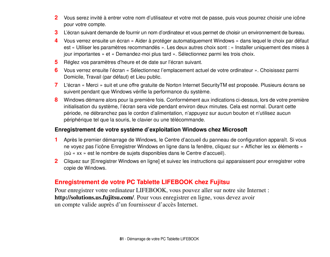 Fujitsu T731 manual Enregistrement de votre PC Tablette Lifebook chez Fujitsu 