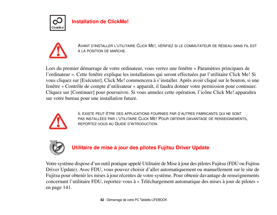 Fujitsu T731 manual Installation de ClickMe, Utilitaire de mise à jour des pilotes Fujitsu Driver Update 