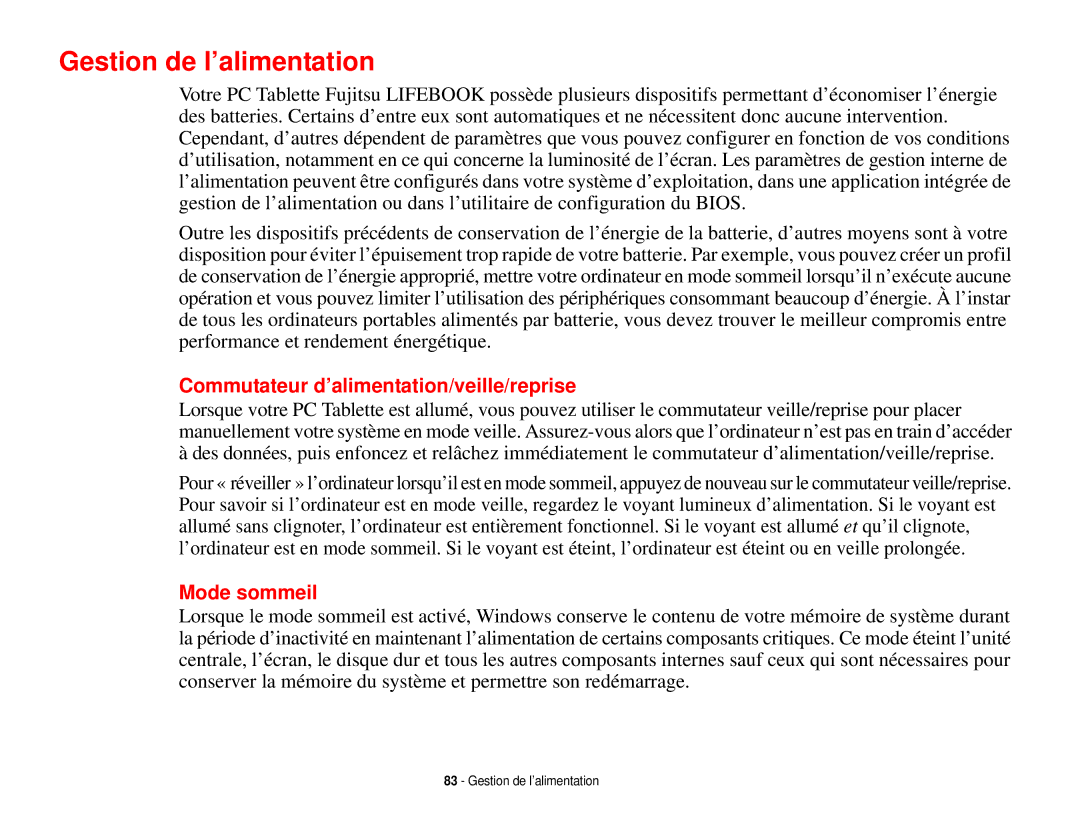 Fujitsu T731 manual Gestion de l’alimentation, Commutateur d’alimentation/veille/reprise, Mode sommeil 