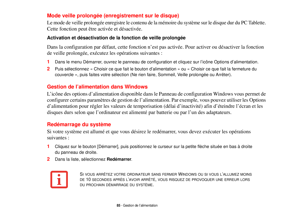 Fujitsu T731 manual Mode veille prolongée enregistrement sur le disque, Gestion de l’alimentation dans Windows 