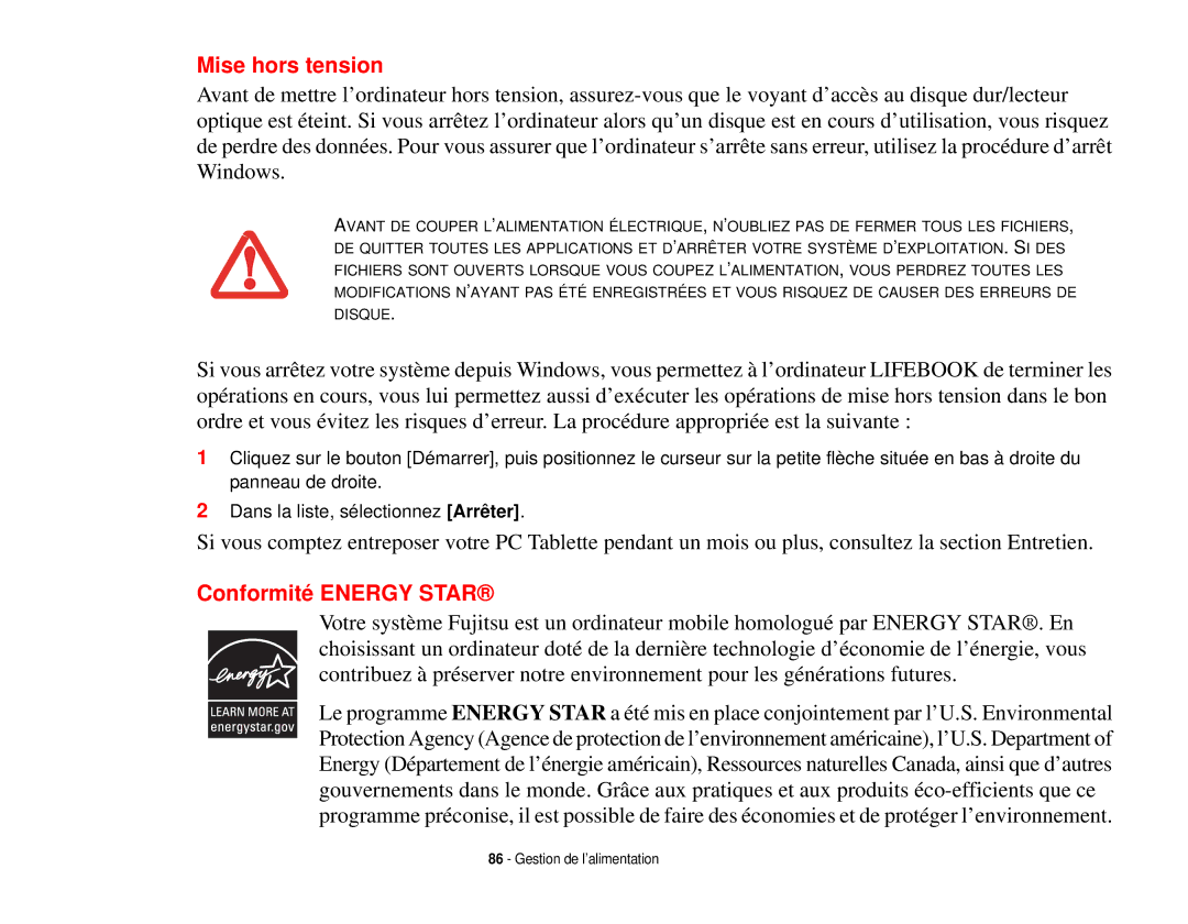 Fujitsu T731 manual Mise hors tension, Conformité Energy Star 